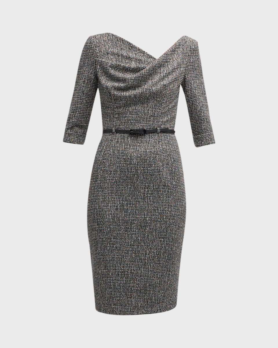 Jackie Cowl-Neck Bodycon Tweed Midi Dress